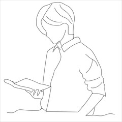 woman reading a book, line art. Line art a woman reading an open book