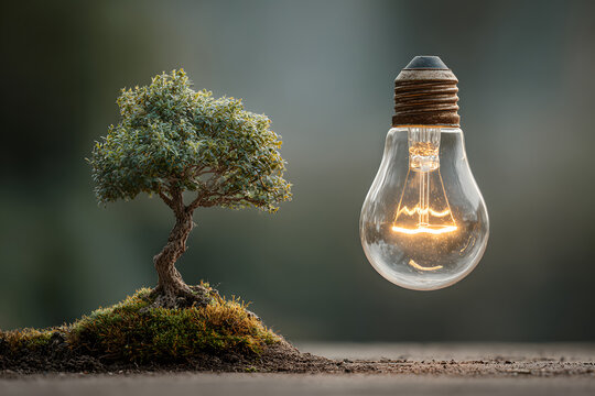Idea of renewable energy and energy saving. Energy saving light bulb and tree growing on the ground on bokeh nature background. Saving, accounting and financial concept. Generative Ai