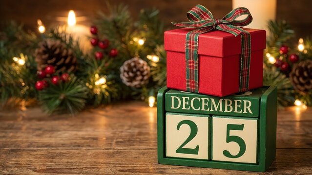 Warm holiday wishes with a red gift atop December 25 calendar block, perfect for Christmas promotions and seasonal marketing materials - Powered by Adobe