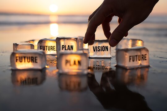 Hand places 'vision' ice cube for future business plan at sunset