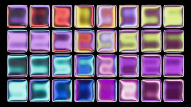 Colorful glass squares with soft rainbow gradients animate side-to-side, creating shimmering seamless wall tile effect.