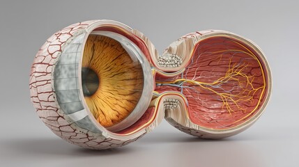 3D-rendered medical diagram showing progression of glaucoma, comparison of healthy eye vs damaged optic nerve, detailed anatomy