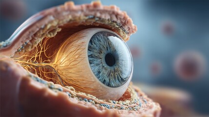 3D medical illustration of the human optic nerve showing glaucoma damage, detailed cross-section of the eye, ultra-realistic textures, scientific lighting