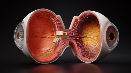 3D-rendered medical diagram showing progression of glaucoma, comparison of healthy eye vs damaged optic nerve, detailed anatomy