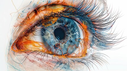 Advanced scientific illustration of intraocular pressure biomechanics, lamina cribrosa deformation under elevated pressure, force vectors and stress points color-coded