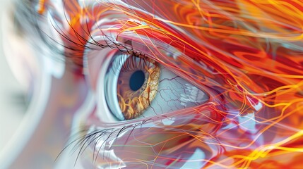 Advanced scientific illustration of intraocular pressure biomechanics, lamina cribrosa deformation under elevated pressure, force vectors and stress points color-coded