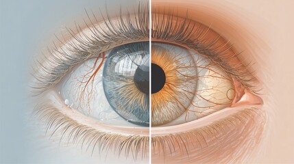 Conceptual medical illustration showing peripheral vision loss from glaucoma, split-screen healthy vs impaired vision, clean vector-style shading with realistic details