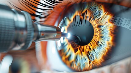 Cutaway medical illustration of tonometry procedure, transparent eye anatomy with tonometer device contact point, pressure measurement visualization, corneal indentation detail