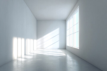 Fototapeta premium a minimalist empty room interior with bright sunlight streaming through a large window casting shadows on the floor and walls