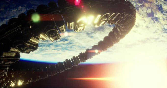 A massive circular space station orbits high above Earth as the sun sets on the horizon. Glowing lights illuminate the intricate design of the station against the backdrop of space.