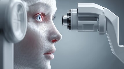 Realistic 3D render of a glaucoma screening with tonometry device, clean futuristic medical environment, soft reflections