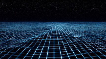 Illuminated wireframe grid stretches toward a dark, star-filled horizon