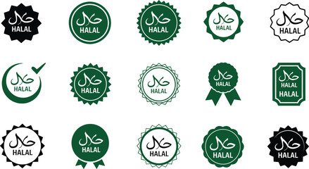 Collection of halal certified product label designs in various styles shapes and colors ensuring compliance with islamic dietary laws and standards for food and goods