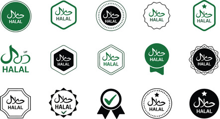 Set of halal certified stamp vector illustrations for food and beverage products ensuring compliance with islamic dietary laws and quality standards for consumers