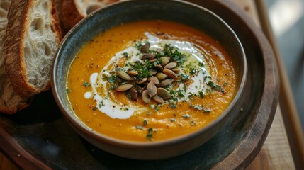 Creamy Roasted Butternut Squash Soup Topped with Pumpkin Seeds and Cream Swirl - Autumn Comfort Food