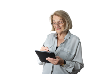 Senior woman using digital tablet and stylus learning technology