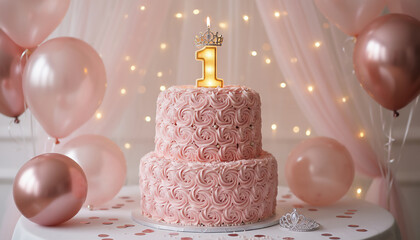 Elegant pink rosette cake with a glowing number one topper, surrounded by soft pink balloons and warm fairy lights for a first birthday celebration.