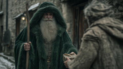 Fototapeta premium Father Christmas giving present to villager in snowy street.