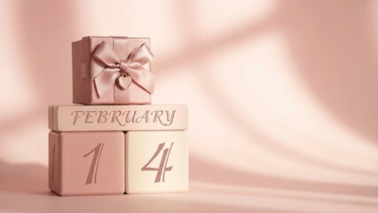 Romantic Valentine's Day gift idea with pastel pink present box and February 14th date blocks for love celebration, gift giving, romance