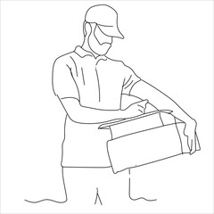 courier carrying the package.Delivery man holding cardboard box in continuous one line drawing.