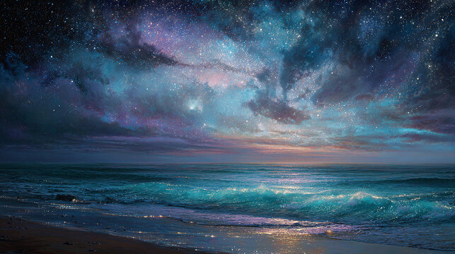 A mesmerizing scene of a starry night sky above the ocean. The cosmic panorama features vibrant clouds and shimmering water
