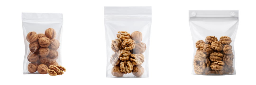 Packaged walnuts in clear bags with transparent background for food photography showcase