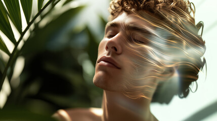 Woman meditating with closed eyes in natural light with green plants. Mental health wellness and spiritual healing concept. Peaceful mindfulness and relaxation therapy. Tranquil self-care moment.