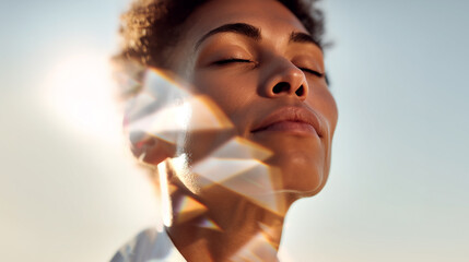 Woman meditating in natural sunlight with prism rainbow light effects. Mental health wellness and spiritual healing energy concept. Peaceful mindfulness practice with radiant glow. Tranquil self-care.