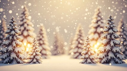 Snow-covered evergreen trees stand in a winter landscape as snowflakes fall, creating a serene and festive holiday scene with warm light.