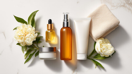 Natural organic cosmetic products flatlay with amber bottles, white tube, jar, serum dropper and white peony flowers on marble background. Eco-friendly skincare beauty mockup with botanical elements.