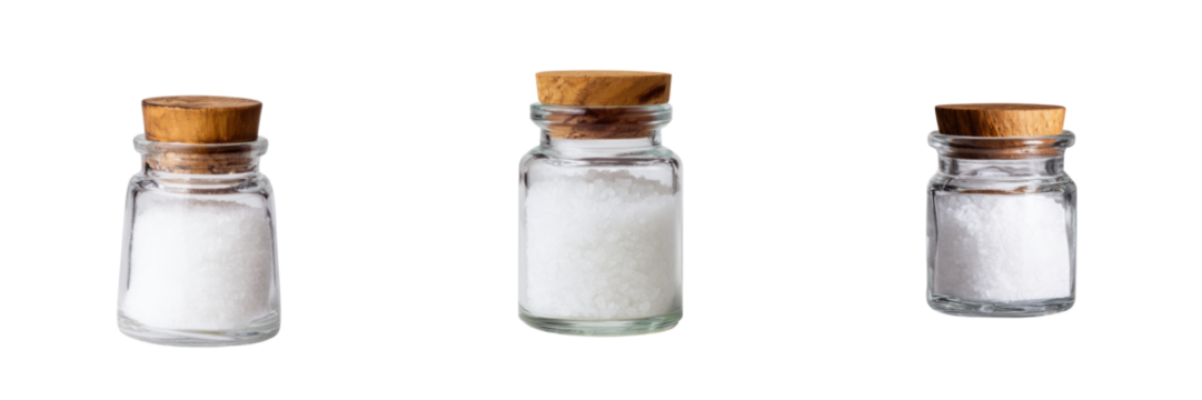 Salt jar trio on transparent background kitchen setting product photography minimalist style