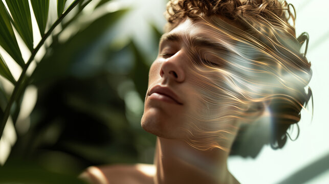 Woman meditating with closed eyes in natural light with green plants. Mental health wellness and spiritual healing concept. Peaceful mindfulness and relaxation therapy. Tranquil self-care moment.