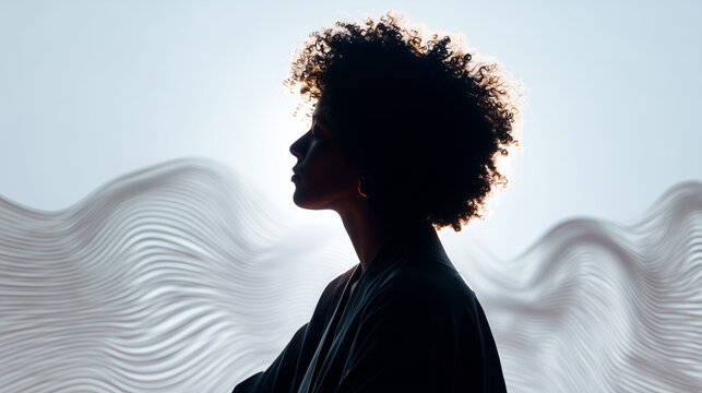 Woman silhouette in meditation with flowing wave patterns. Mental health wellness and spiritual healing energy concept. Peaceful mindfulness with abstract light effects. Tranquil balance and harmony.