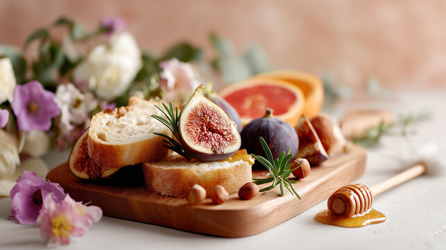 Gourmet bruschetta with fresh figs, cheese and honey on wooden board. Elegant appetizer platter with citrus, rosemary and flowers. Mediterranean cuisine for sophisticated brunch or party entertaining.