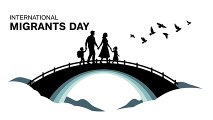 International Migrants Day illustration of a family silhouette on a bridge with birds flying away against a white background.
