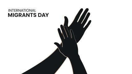 International Migrants Day graphic illustration featuring two hands clasped together in solidarity on a white background.