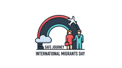 Illustration of a man and woman standing under a rainbow with a plane flying overhead, celebrating International Migrants Day with a safe journey theme.