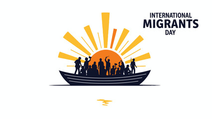 Graphic illustration of people in a boat with a sunburst on International Migrants Day against a white background.