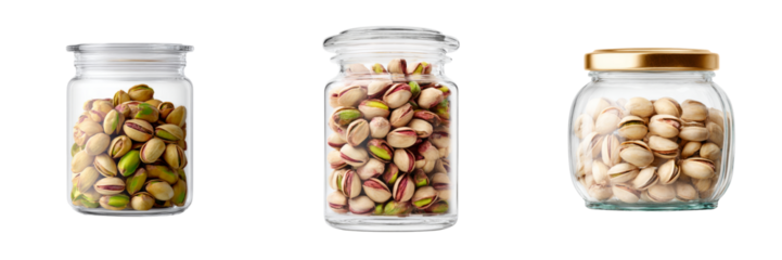 Pistachio nuts in glass jars a transparent background food photography setup