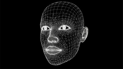 Digital face wireframe rendering on black background representing technology.