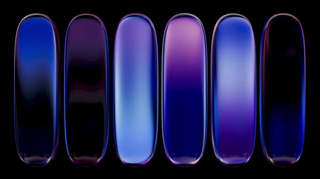 Animated glossy neon glass pills, each with unique blended color gradients, align seamlessly for a pharmaceutical or futuristic UI presentation. 3d render animation.