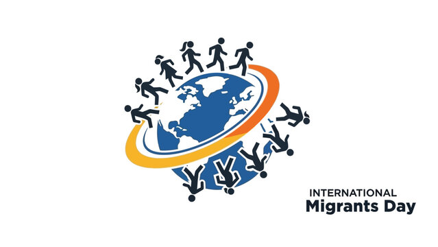 Logo for International Migrants Day featuring a globe with people running around it in a circular motion.