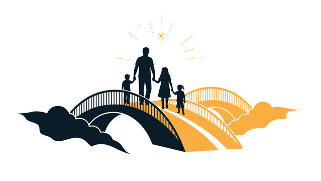 Silhouette of a family walking on a bridge with a sunny background and stylized clouds.