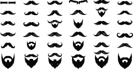 Collection of black silhouette mustaches and beards on white background vector