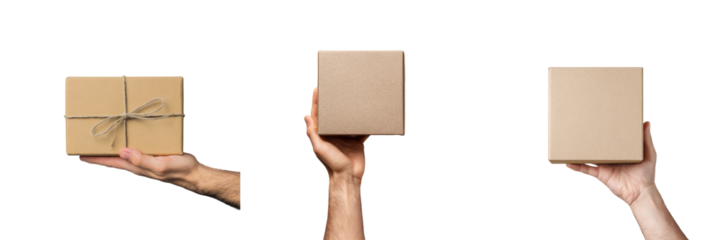 Hand holding brown package transparent background studio environment close-up view