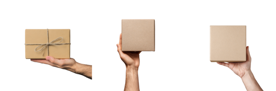 Hand holding brown package transparent background studio environment close-up view