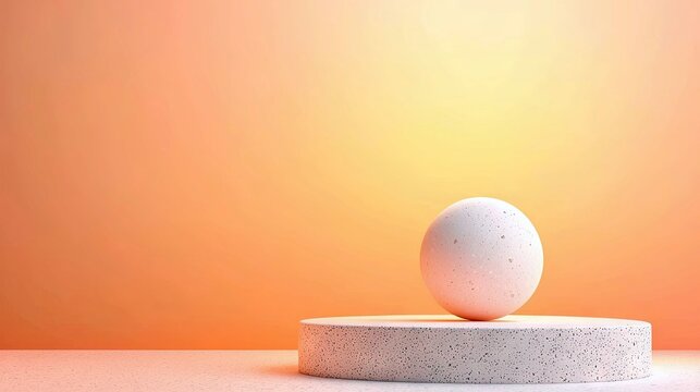 A white sphere rests on a concrete pedestal against an orange and yellow gradient background, lit with soft, warm light. - Powered by Adobe