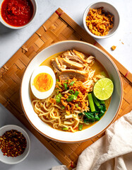 Soto mie with roasted chicken and halved egg in warm overhead style on wooden surface