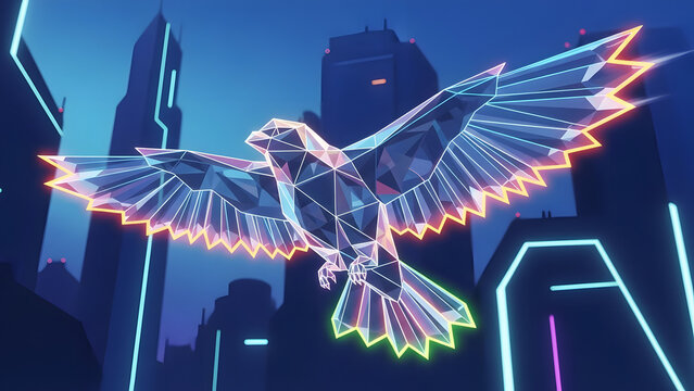 Fly high with this stunning geometric bird soaring over a futuristic cityscape, perfect for technology, innovation, or modern design projects today