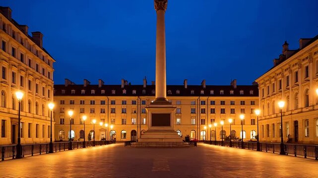 Nighttime city square with monument